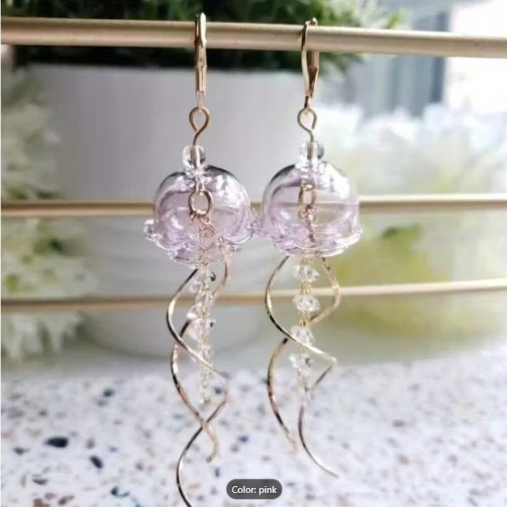 Cute Pink Jellyfish Nautica, Deep Sea -Inspired Dangling Glass Earrings